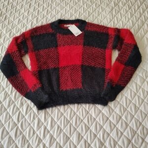 So Good For Life Black and Red Plaid Cropped Fuzzy Crew Neck Sweater.